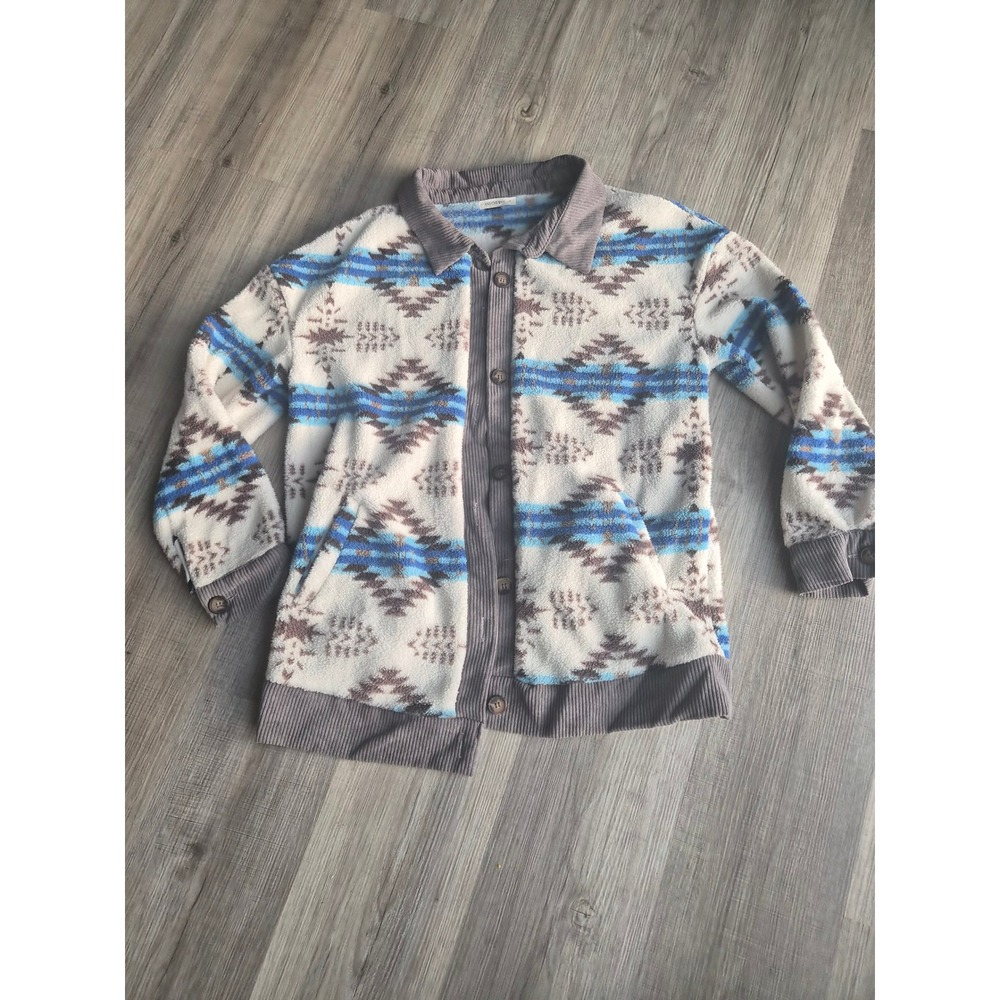 ANDTHEWHY Southwestern Fleece Shacket Corduroy Trim Blue Brown Cream Small